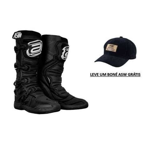 Bota asw Elevate preto motocross veloterra trilha Leve 1 boné ASW