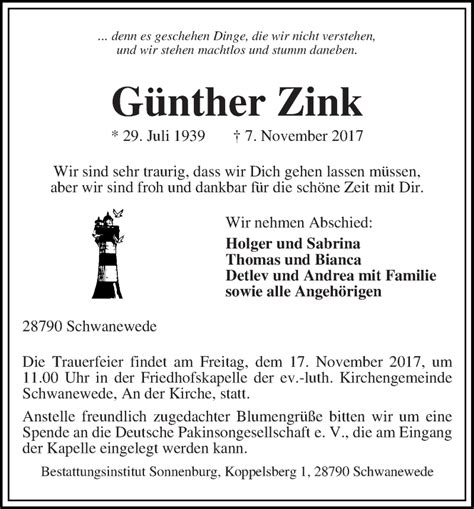 Traueranzeigen Von G Nther Zink Trauer Gedenken