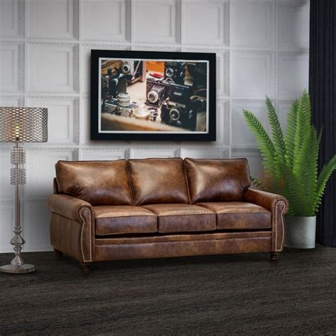 Cabot Brown Top Grain Leather Sofa - Bed Bath & Beyond - 29769271 | Top ...