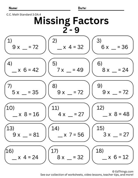 Multiplication Missing Factors Worksheet 1 Grade 3