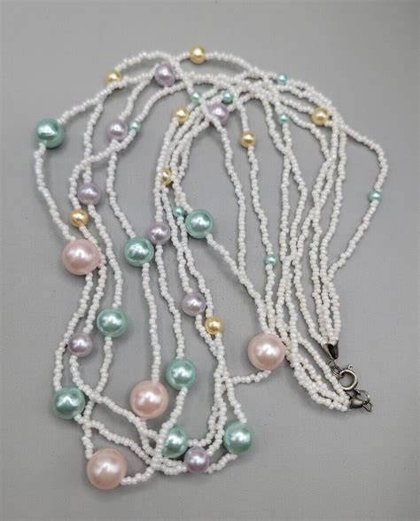 Vintage Multistrand White Seed Bead And Colorful Pastel Gem