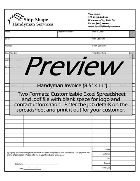 Printable Handyman Invoice Template