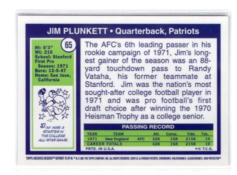 Football Card 2001 Jim Plunkett 65 Ref Patriots Topps Archives RC