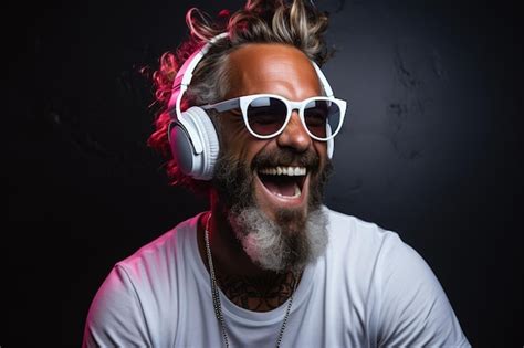 Premium Photo Neon Portrait Of Bearded Smiling Man In Headphones