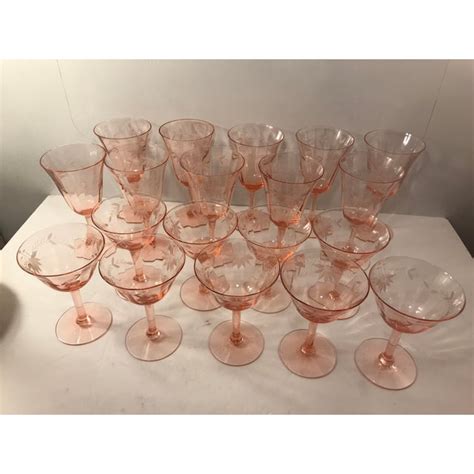 1930s Etched Pink Depression Glass Wine Glasses Stemware Set Of 23 Chairish