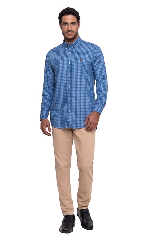 Camisa Ralph Lauren Masculina Custom Fit Icon Colored Xadrez Azul Aço