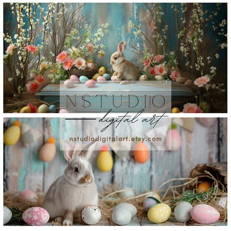 7 Rustic Easter Kid Backdrops With Rabbits and Colorful Eggs Kids Easter Photoshoot Pastel ...