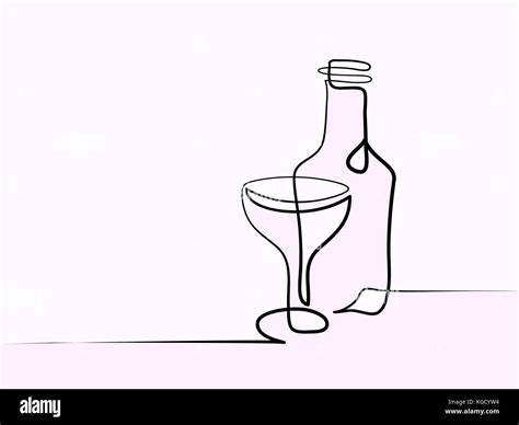 Continuous Different Width Line Drawing Wine Bottle And Glass Contour