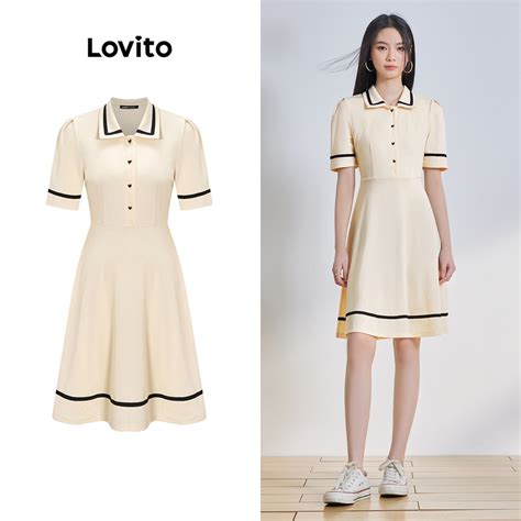 Lovito Women Casual Plain Contrast Binding Metal Ruffle Polo Collar