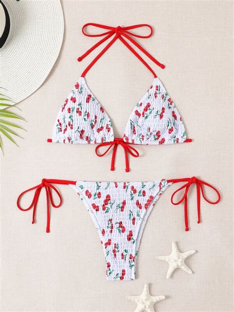 Shein Swim Mod Cherry Print Bikini Set Smocked Halter Triangle Bra