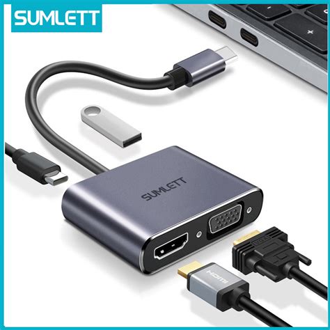 Sumlett Type C To VGA HDMI Adapter 4 In 1 USB C To 4K HDMI VGA USB 3 0