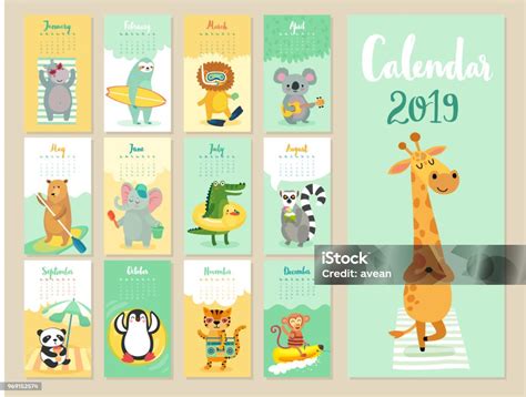 Kalender 2019 Kalender Bulanan Yang Lucu Dengan Hewan Hutan Ilustrasi