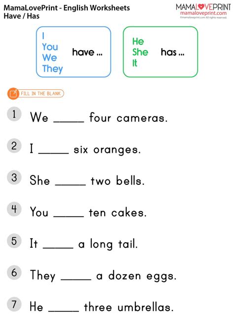 Mamaloveprint Grade 1 English Worksheets Basic Grammar Have Has Pdf Free  English