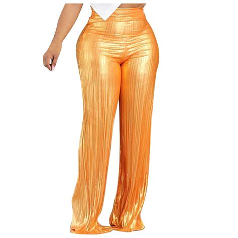 Hfyihgf Women Shiny Straight Wide Leg Pants Sparkly Elastic High