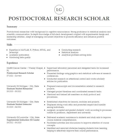 Research Scholar Resume Example