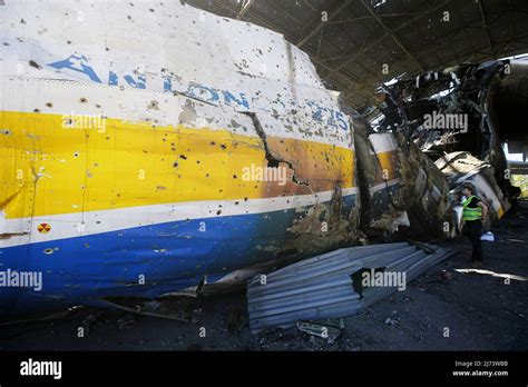 The destroyed Antonov An-225 Mriya cargo aircraft is seen after the ...