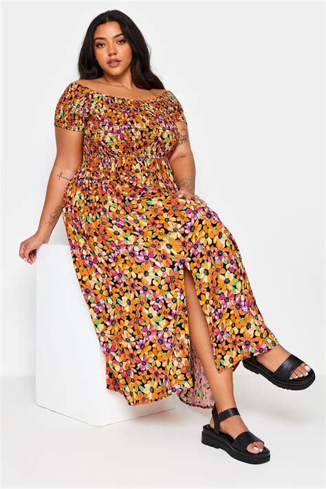 Yours Plus Size Orange Ditsy Floral Print Shirred Bardot Maxi Dress