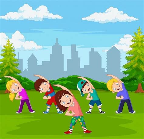 Premium Vector | Cartoon kids doing yoga in green city park | Exercise ...
