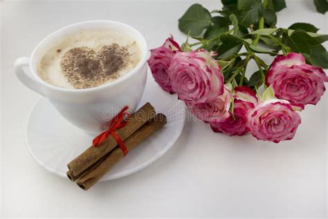 Hot Coffee And Sweet Pink Roses On The Table Stock Photo Image Of