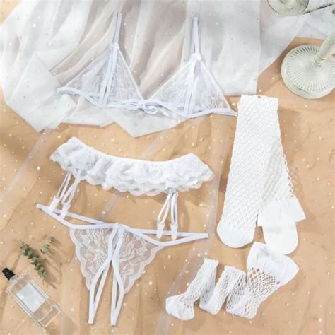 Ensemble De Lingerie Style Blanc Soutien Gorge Ouvert Culotte Jarretelles Bas En