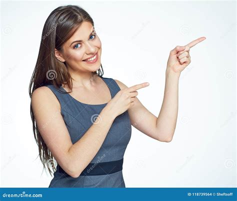 Smiling Business Woman Pointing Finger On Copy Space Stock Photo