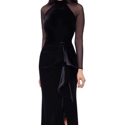 Betsy And Adam Womens Long Velvet Illusion Sleeve Mock Neck Ruched Gown