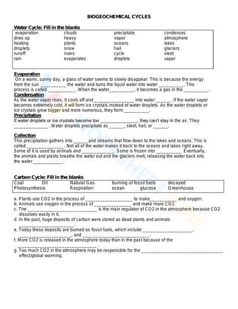 Free Printable Biogeochemical Cycles Worksheets