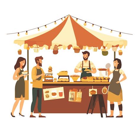 Busy People At Street Food Booth Counter Vector Flat Illustration