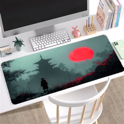 Samurai Sunset Desk Mat Japanese Retro Art Mouse Pad Warrior Silhouette