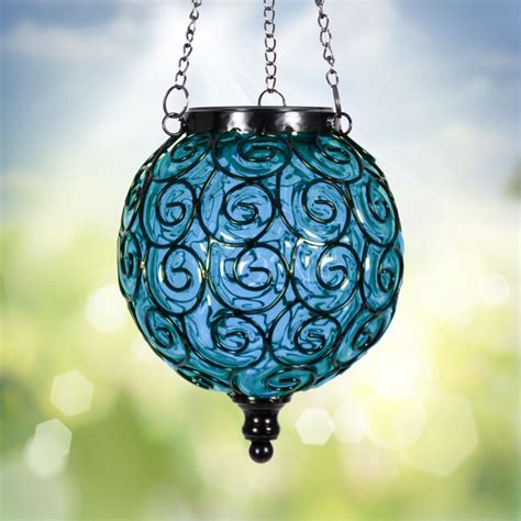 Stein’s Garden & Home | EXHART Round Solar Blue Glass Hanging Lantern