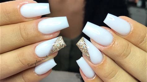 White Acrylic Nail Tutorial with glitter slice | White acrylic nails ...