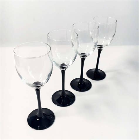 Vintage Set Of 4 Luminarc France Black Stem Wine Glasses All Purpose Drinkware Mid Century