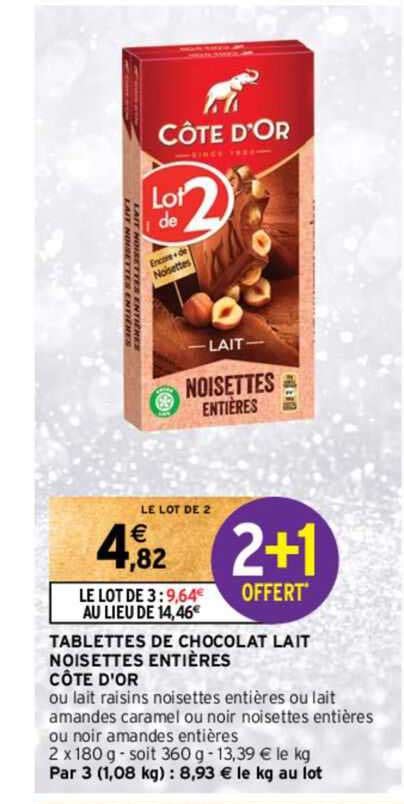 Promo Tablettes De Chocolat Lait Noisettes Entières Côte D or chez