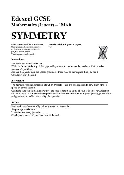 Symmetry Grade 7 8 Worksheet Edexcel Gcse Mathematics Linear 1ma