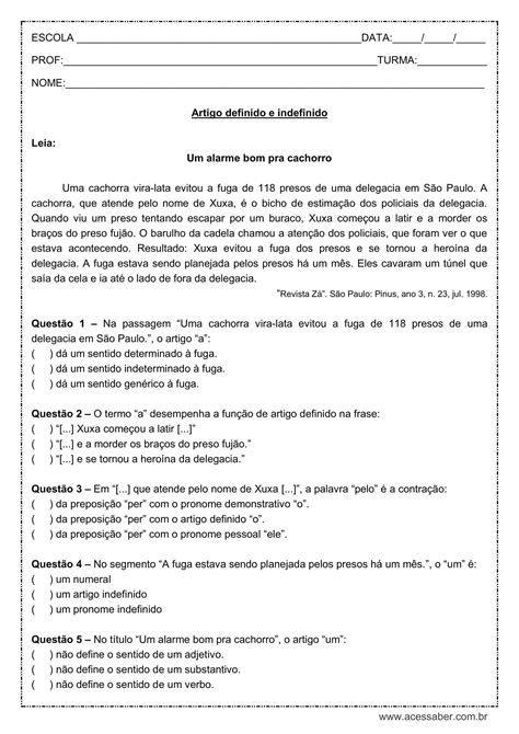 Atividade Sobre Artigos Definidos E Indefinidos 4 Ano FDPLEARN