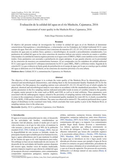 Pdf Evaluación De La Calidad Del Agua En El Río Mashcón · El Agua