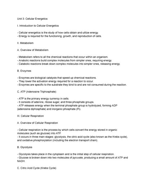 Ap Bio 3 Basic Overview Of Topics Covered In Ap Biology Unit 3 Unit 3 Cellular Energetics I