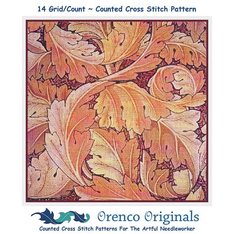 Acanthus Leaves In Reds By William Morris Counted Cross Stitch Pattern