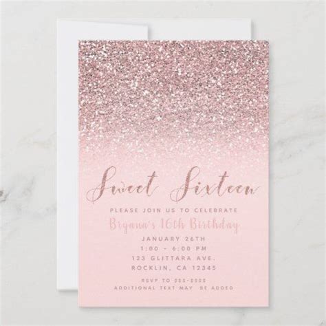 Pink Rose Gold Glitter Sparkle Sweet 16 Party Invitation Zazzle Sweet 16 Party Invitations