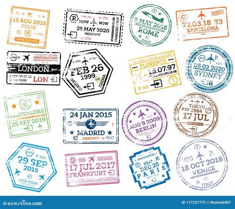 Collection of Passport Stamps Isolated on White. Vector Illustration ...