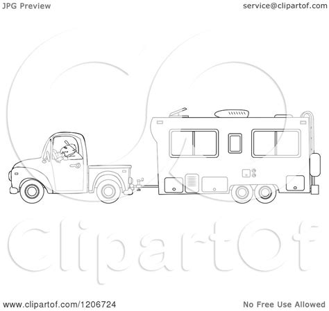 Cartoon of an Outlined Man Driving a Pickup Truck and Hauling a Camper ...