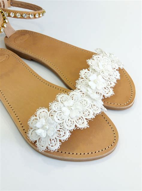 Bridal lace and pearls sandals, Wedding flat leather sandals, White ...