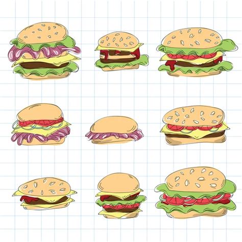 Fast Food Hamb Rguer Doodle Set Vetor De Brill