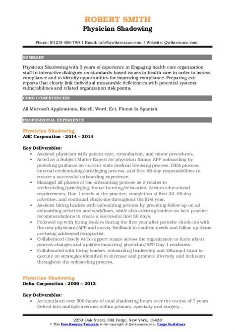 Physician Shadowing Resume Samples Qwikresume