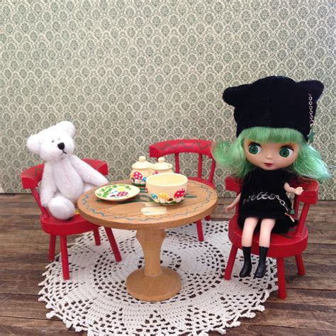 Petite Blythe Table And 3 Chairs Set Hand Painted Wood Vintage Doll