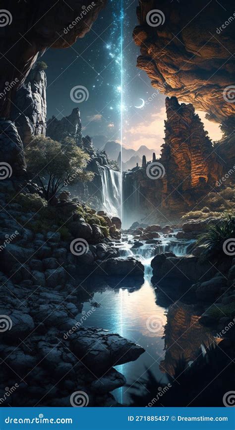 Mystical Magical Waterfall in the Mountains Stock Illustration - Illustration of mystical ...