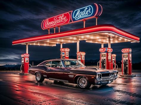 Premium Photo Retro Car At An Empty Gas Station At Night