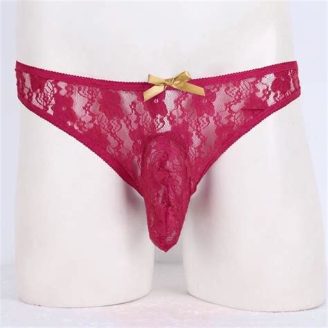 String Tanga Pour Homme De Bikini Semi Transparente En Dentelle Florale Dark Burgundy Dark