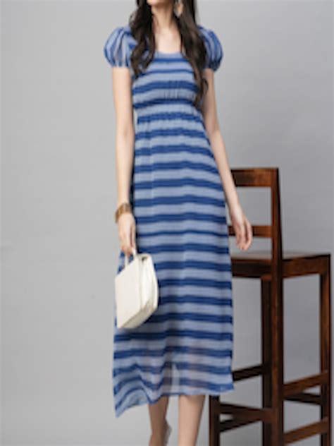 Buy Kalini Striped Puff Sleeves Georgette A Line Midi Dress Dresses