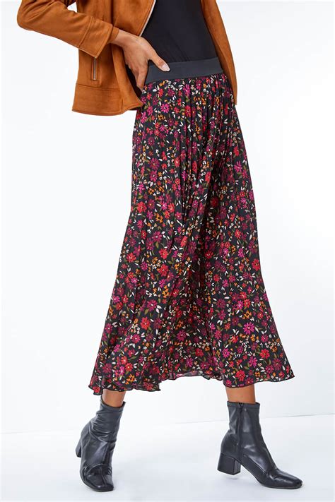 Floral Print Pleated Midi Skirt In Black Roman Originals Uk